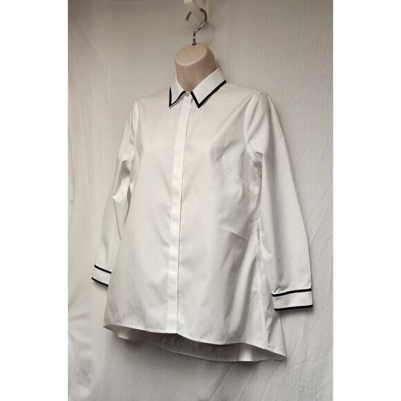 Chico's White/Black Button Up No Iron Contrast Trim Tunic Blouse Size US 4-6P - Picture 6 of 10